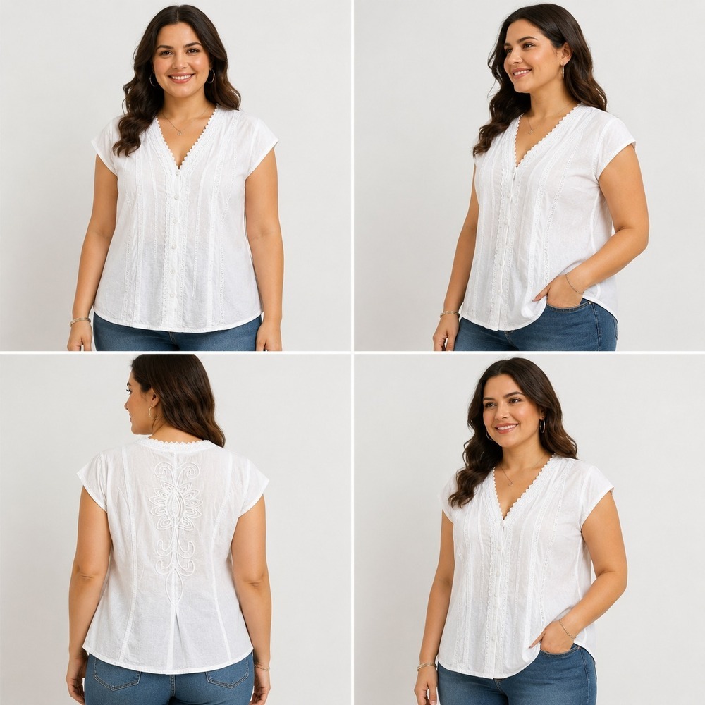 Soft‎ Surroundings Blouse Top Womens 1X White Button Front Lace Trim Details